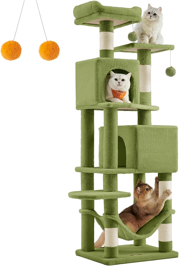 Feandrea Cat Tree, 61-Inch Cat Tower for Indoor Cats, Plush Multi-Level Cat Condo with 5 Scratching Posts, 2 Perches, 2 Caves, Hammock, 2 Pompoms, Grass Green UPCT192C02