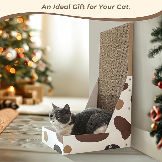 ComSaf Cat Scratching Board, Vertical Cat Scratcher for Indoor Cats, L Shaped Cat Wall Scratcher, Cardboard Cat Scratch Pad Lounger with Box Collecting Scraps, Protect Furniture Couch