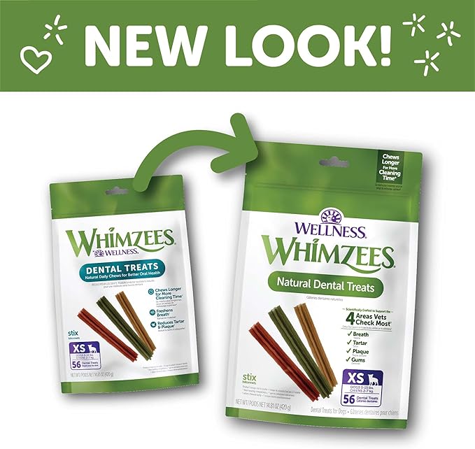 Wellness WHIMZEES Stix Dog Dental Treats, Natural Chews, Extra Small Size Stick, (56 Count)