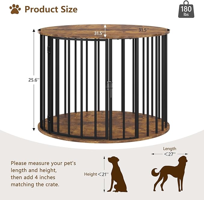 32 Inch Dog Crate Furniture for Large Medium Dogs, Wooden Dog Kennel Indoor Decorative Pet House Side End Table, Round Dog Cage, Rustic Brown