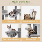 Globlazer Big Cat Tower for Indoor Cats, 80inch Cat Tower for Multiple Adult Cats XXL Cat Tree with Scratching Post, Hammock, 3 Perches, 2 Condos, 2 Hanging Basket, F80, Light Grey