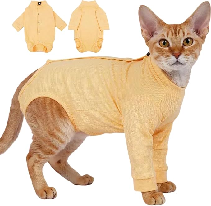 T'CHAQUE Cat Surgery Recovery Suit, Anti-Licking Onesie for Post-Spay/Neuter Abdominal Wound, Cat Recovery Suit with Adjustable Drawstring Collar - Long Sleeve Kitten Surgical Onesie, Orange, L