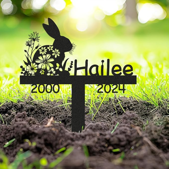 Custom Rabbit Memorial Garden Stake, Personalized Pet Plaque, Metal Engraved Sign with Stake, 8 Inches, Black