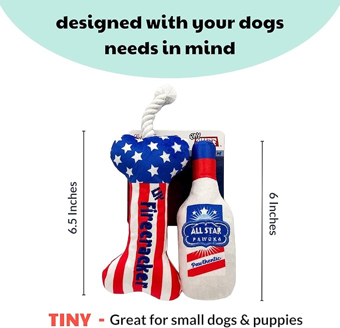 Huxley & Kent Tiny Tuff | Red, White, & Booze | Extra Tough Dog Toy for Small Dogs | 2-Pack Funny Dog Toy | Features Squeaker, Crinkle | Machine Washable