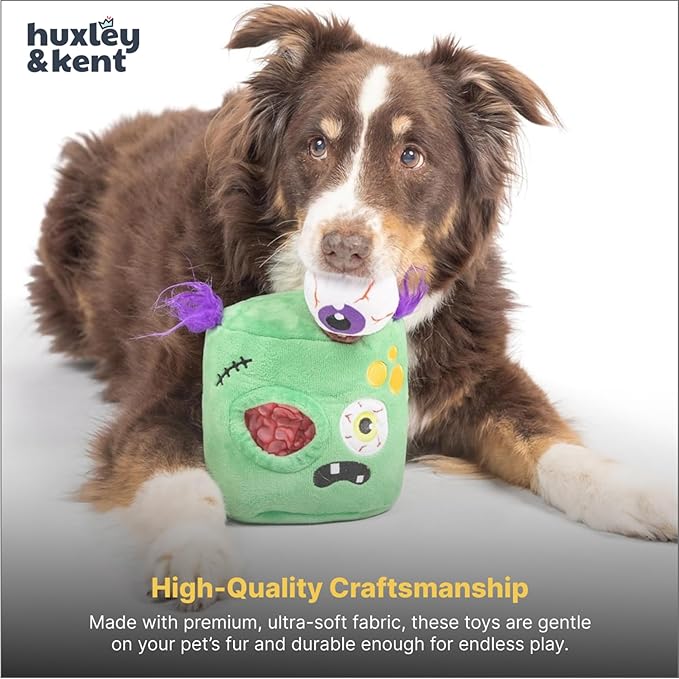 Huxley & Kent Dog Plush Toy w/ Squeaker - Interactive Dog Toys For Puppies & Adult Dogs - Diamond Mesh Tech Lined Puppy Plush Toys - Easy-to-Clean Pet Toy (Pop n' Fetch Zombie Pop-Eye,Small)