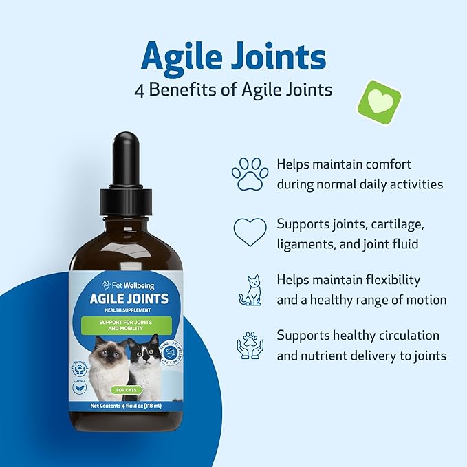 Pet Wellbeing Agile Joints for Cats - Veterinarian-Formulated - Hip and Joint Health, Mobility, Devil’s Claw, Boswellia, Joint Ligament and Cartilage - Herbal Supplement 4 oz (118 ml)