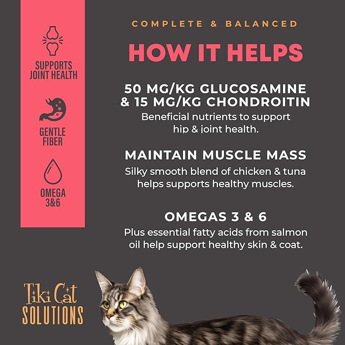 Tiki Cat Solutions Mobility Mousse, Chicken & Tuna Recipe in Broth, Formulated to Support Healthy Joints, Functional Wet Cat Food, 2.4 oz. Pouch (12 Count)