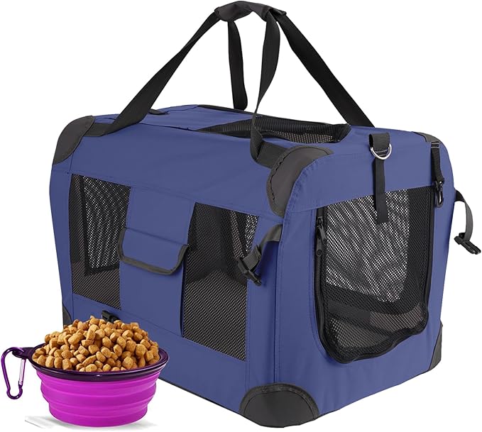 Pet Carrier for Cats and Dogs up to 25 lbs, Soft-Sided Collapsible Travel Crate, 24" L x 16" W x 16" H - Includes Removable Plush Blanket & Travel Bowl for Vet, Car, Home Use