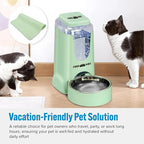 Automatic Cat Feeder Dog Water Bowl Dispenser – 2-Pack Automatic Dog Feeder with Silicone Mat, Pet Toothbrush – Safe Non-BPA Materials – Large Capacity for Small and Medium Animals Green