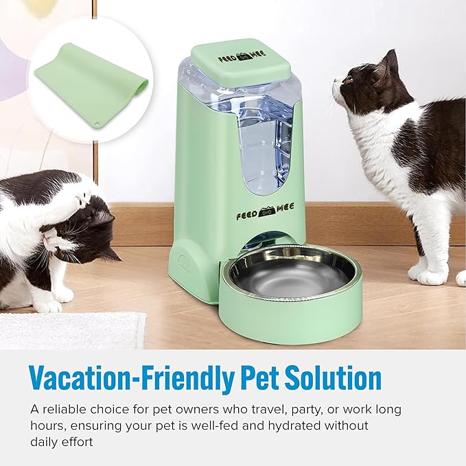 Automatic Cat Feeder Dog Water Bowl Dispenser – 2-Pack Automatic Dog Feeder with Silicone Mat, Pet Toothbrush – Safe Non-BPA Materials – Large Capacity for Small and Medium Animals Green