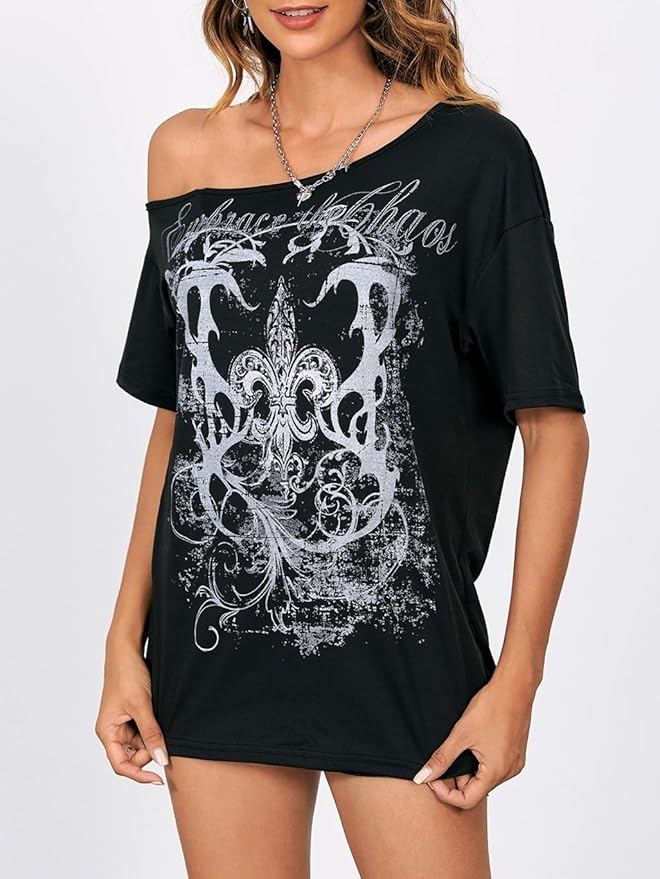 SOLY HUX Women's Off The Shoulder Tops Graphic Tees Y2k Vintage Gothic Oversized T Shirts Streetwear