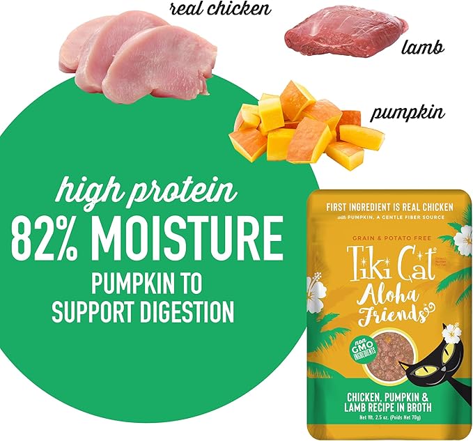 Tiki Cat Aloha Friends, Chicken, Pumpkin & Lamb, Grain-Free & High Moisture, Wet Cat Food for All Life Stages 2.5 oz. Pouch (12 Count)