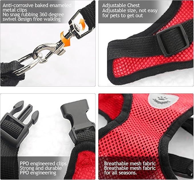 shudyear Summer cat Chest Harness and Leash, Anti-Escape Adjustable Soft mesh cat Leash and Chest Harness Set for All Types of Cats cat Vests (Size L,Red)
