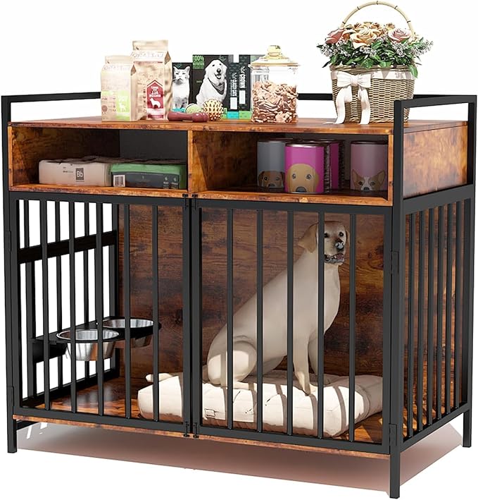 Large Dog Crate Furniture - 48" Vintage Brown Wooden Kennel for Big Dogs, Heavy Duty Chew-Proof Cage with 360° & Adjustable Raised Feeder, Dual Use as End Table or TV Stand