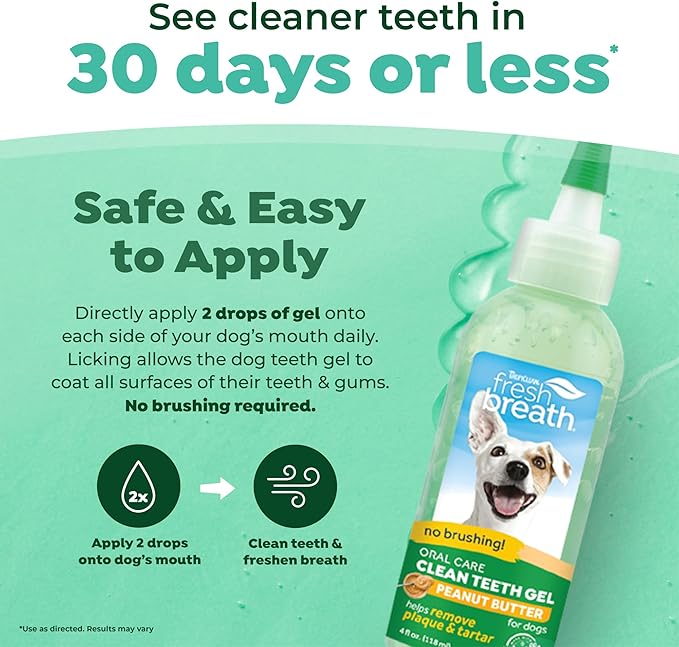 TropiClean Fresh Breath Dog Toothpaste for Teeth Cleaning, Breath Freshener, Easy Plaque & Tartar Remover Gel, No Toothbrush Needed, Peanut Butter, 4oz.