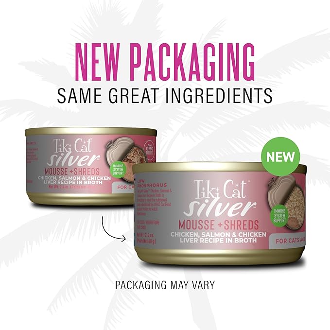 Tiki Cat Silver Comfort Mousse + Shreds, Chicken, Salmon & Chicken Liver Recipe, Immune System Support Formulated for Older Cats Aged 11+, Senior Wet Cat Food, 2.4 oz Cans (Pack of 12)