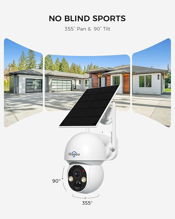 Hiseeu Solar Security Camera Outdoor,4MP Cameras,Wireless Home Security Cameras System,Color Night Vision,Solar-Powered, 2.4G/5G WiFi, 360° Pan & Tilt,500GB HDD,No Subscription