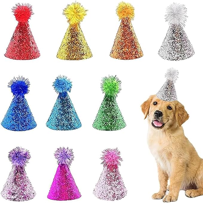 10 Pcs Dog Birthday Hat Set for Small Medium Dogs Cat Puppies, Mini Party Hat with Adjustable Headbands, Cute Pet Hat with Pompons for Birthday Christmas Party Decoration Accessories (Large 5 Inch)
