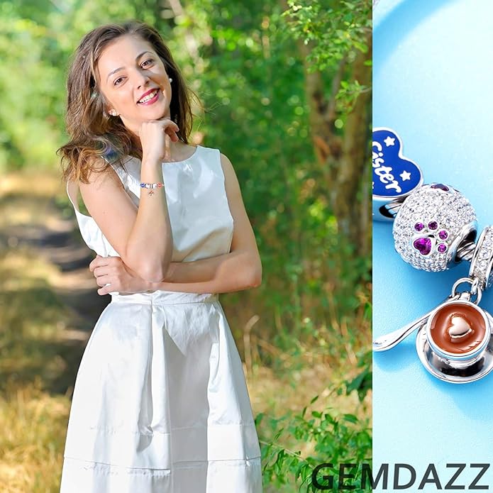 GEMDAZZ Sparkling Puppy Paw Print Charms in 925 Sterling Silver, Pave Dog Pawprint CZ Round Beads and Always in My Heart Charms, Gift for Animal Lover, fit European Women Bracelet/Necklace