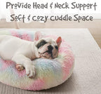 Friends Forever Donut Dog Bed Faux Fur Fluffy Calming Sofa For Medium Dogs, Soft & Plush Anti Anxiety Pet Couch For Dogs, Machine Washable Coco Pet Bed with Non-Slip Bottom, 30"x30"x7" Rainbow