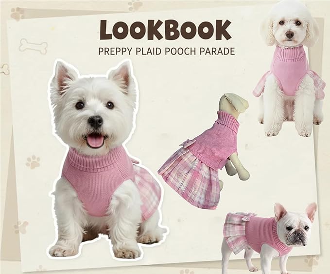 Lanyarco Pink Knitted Dog Sweater Dress, Dog Sweaters for Small Dogs Girl, Maltese Cat Apparel, Small (S)