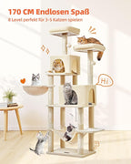 Taoqimiao Cat Tree, 66.2-Inch Cat Tower for Indoor Cats, Plush Multi-Level Cat Condo with 7 Scratching Posts, 2 Perches, 2 Caves, Hammock, 2 Pompoms, Beige MS013M