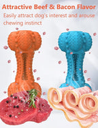 SCHITEC Two Squeaky Dog Chew Toy for Aggressive Chewers Large Breed, Tough Indestructible Rubber Bone with Toothbrush for Big Medium Dogs Teeth Cleaning, Blue and Orange