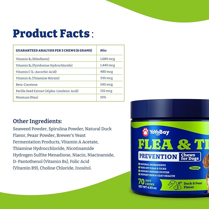 Flea and Tick Prevention for Dogs Chewable - 70 Soft Chews, Duck & Pear Flavor - Dog Flea and Tick Treatment Chewable, Natural Defense- Dog Immune Support Supplement