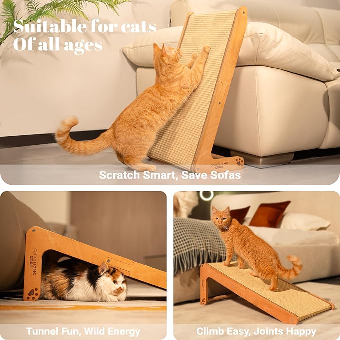 Sisal Cat Scratcher Ramp for Indoor Cats, 24.8" L Shape Scratching Post Climbing Vertical Cat Scratch Pad, Solid Wooden Cat Furniture(Medium)