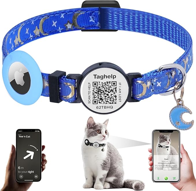 Stars and Moon AirTag Cat Collar with AirTag Holder,Air Tag Cat Collar for Apple. Solid & Safe, Pet Collar, Breakaway Cat Collar, QR Code Cat ID Tags - Pet Online Profile(Blue)