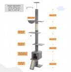 PEQULTI Floor to Ceiling Cat Tree, Tall Cat Tower, Adjustable Height (83''-108'') 5 Levels Climbing Tree for Indoor Cats with Cat Condo, Cozy Hammock and Scratching Post, Grey