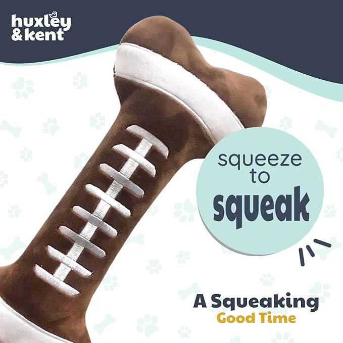 Huxley & Kent Funny Dog Toy w/Squeaker – Power Plush Squeaky Dog Toys for Small, Medium & Large Dogs – Soft Stuffed Animal for Indoor Play & Fetch - Football Bone, Small