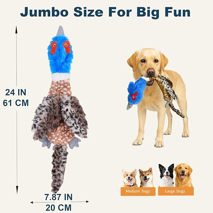 24” No Stuffing Duck Dog Toy – Large Durable Plush Bird with 2 Squeakers & Crinkle Sound, Tough Chew Toy for Medium & Large Dogs, Interactive Fetch & Tug Toy for Aggressive Chewers