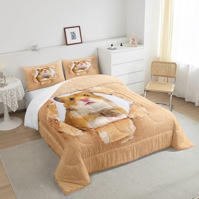 Erosebridal Hamster Comforter Set Twin Size Brown Mouse Bedding Set 3D Cute Animal Down Comforter Kawaii Pet Bedroom Decor Warm Soft Quilt Set for Kids Boys Girls Teens