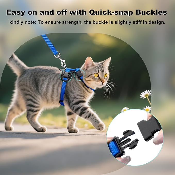 Plutus Pet Adjustable Cat Harness and Leash Set, Quick Release, Escape Proof Nylon Vest with Leather Trim for Kitten, Small Medium Large Cats, Royal Blue