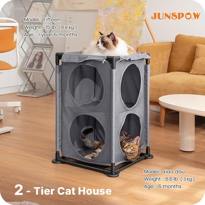 2-Level Cat House&Condo, 2-Story Cat Beds for Indoor Cats, Elevated Cat Cave for Multiple Cats, Outside Cat House, Stable and Easy to Assemble, 15.75'' x 15.75'' x 25.2''inches, Grey