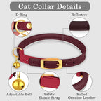 OOPSDOGGY Rolled Leather Cat Collar with Bell - Reflective Kitten Collar with Safety Elastic Strap - Adjustable Small Pet Collars for Boy Girl Cats (Burgundy)
