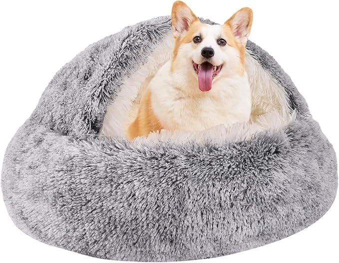Round Hooded Cat Bed & Dog Bed with Cover Cave, Dog Bed for Small Dogs, Faux Fur Cuddler Round Coved Cat Bed Self Warming Donut Dog Bed Fits up to 22 lbs Pets (Gray, 24inch x 24inch)