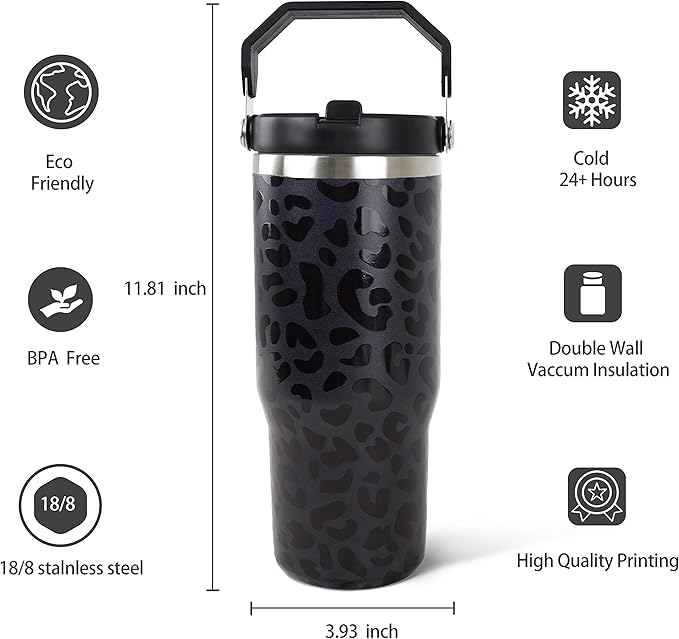 30oz Black Leopard Tumbler with Handle and Straw, Stainless Steel Vacuum Insulated Coffee Tumbler, Travel Mug Water Bottle, Leopard Stuff Accessories Decor, Leopard Gifts for Women