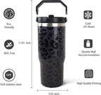30oz Black Leopard Tumbler with Handle and Straw, Stainless Steel Vacuum Insulated Coffee Tumbler, Travel Mug Water Bottle, Leopard Stuff Accessories Decor, Leopard Gifts for Women