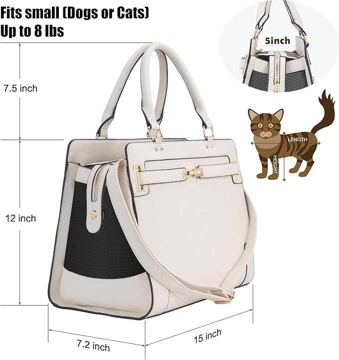 Fashion Pet Carrier Dog Cat Carrier Purse Soft-Sided Leather Handbag Pet Tote Bag for Small Dogs Puppy and Cats TSA Airline Approved (Beige)