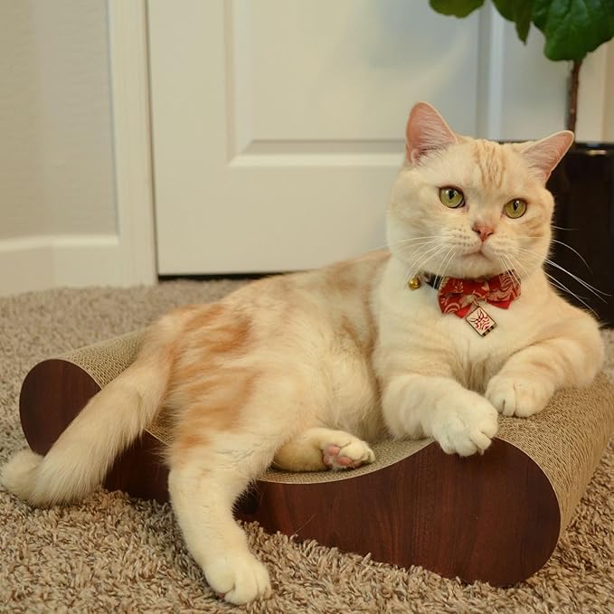 Necoichi Cardboard Cat Scratcher Bed for Indoor Cats - Cat Scratching Board, Horizontal Cat Scratch Pad Lounger with Reversible Usability and Extra Comfort for Lounge, Curved (18" Medium, Dark Cherry)