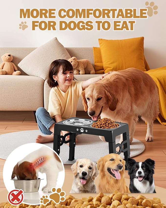 Elevated Dog Bowls, Dog Feeder with Stainless Steel Dishes & Slow Feeder Bowl, 5 Heights Adjustable Raised Stand for Medium Large, Food Dishes with Non-Slip Feet