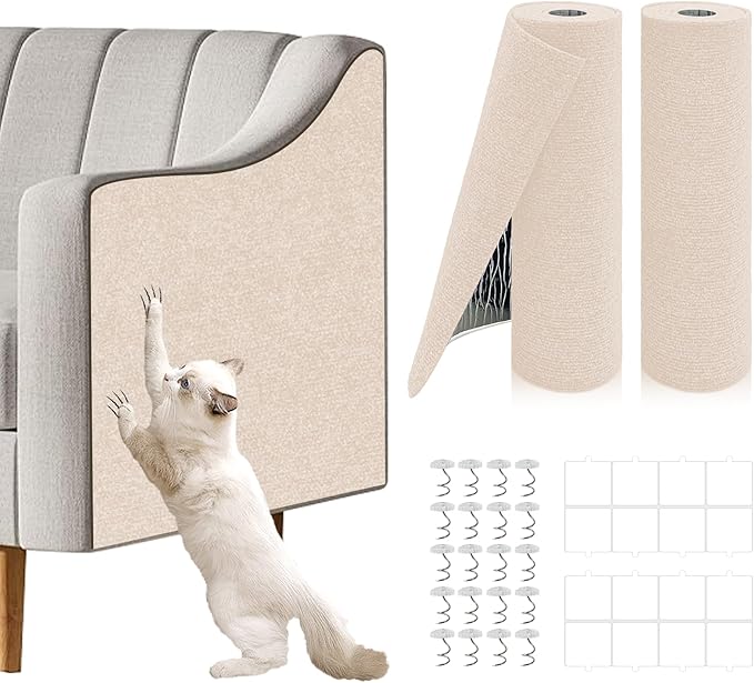 2 Pcs 39.4"x15.8" Cat Scratch Mat, Cat Scratch Couch Furniture Protector, Trimmable Self-Adhesive Cats Scratch Pads, DIY Cat Scratcher for Wall Protector and Covering Cat Tower (Beige)