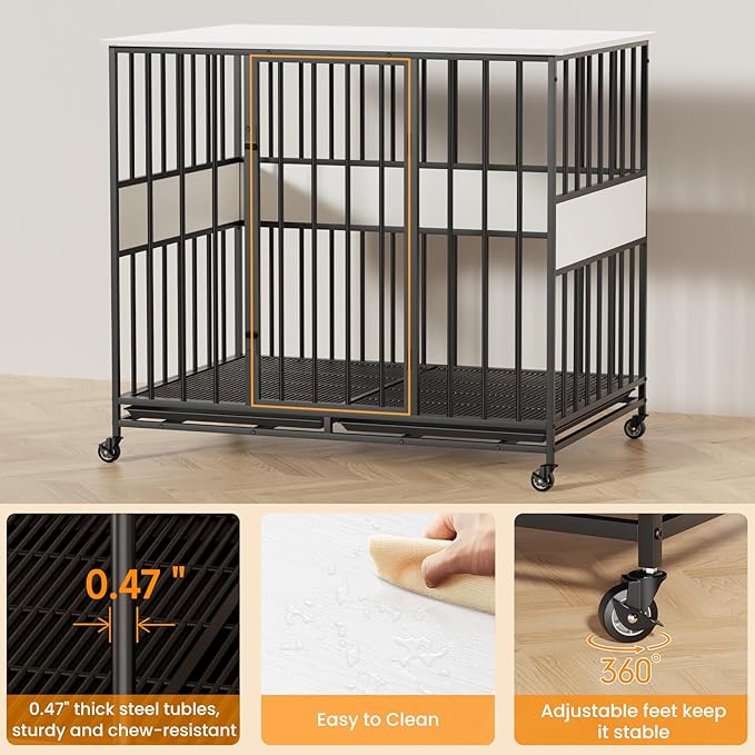 Dog Crate Furniture for Extra Large Dogs, 47 Inch Indoor Kennel, Wooden Pet Cage Decorative Corner End Table with Caster Wheels & Double Removable Tray, White