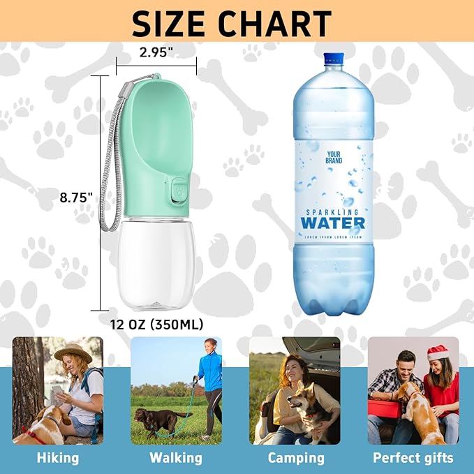 Portable Dog Water Bottle with Bowl, Leak Proof, Convenient for Walking, Hiking, Camping (Green, 12oz)