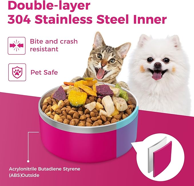 LIHONG Stainless Steel Dog Bowls for Small Medium Sized Dogs Non Slip,Insulated Dog Bowl,Pet Bowl for Food and Water,Rustproof(40oz,Pitaya Pink)