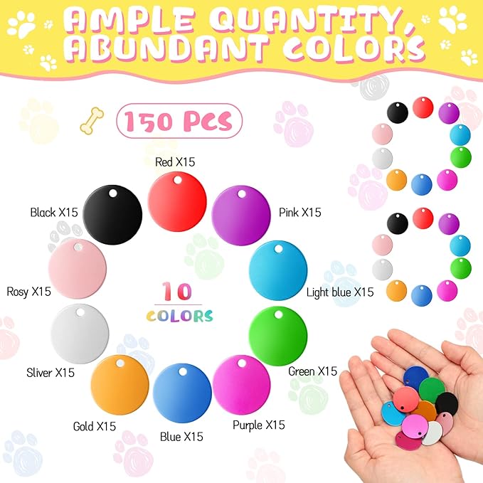 Sadnyy Blank Dog Pet Tags 25 mm for Engraving Aluminum Round Discs Smooth Metal Colorful Double Stamping Tag Pendants with Hole for DIY Craft Pet Charm Supplies(100 Pcs)