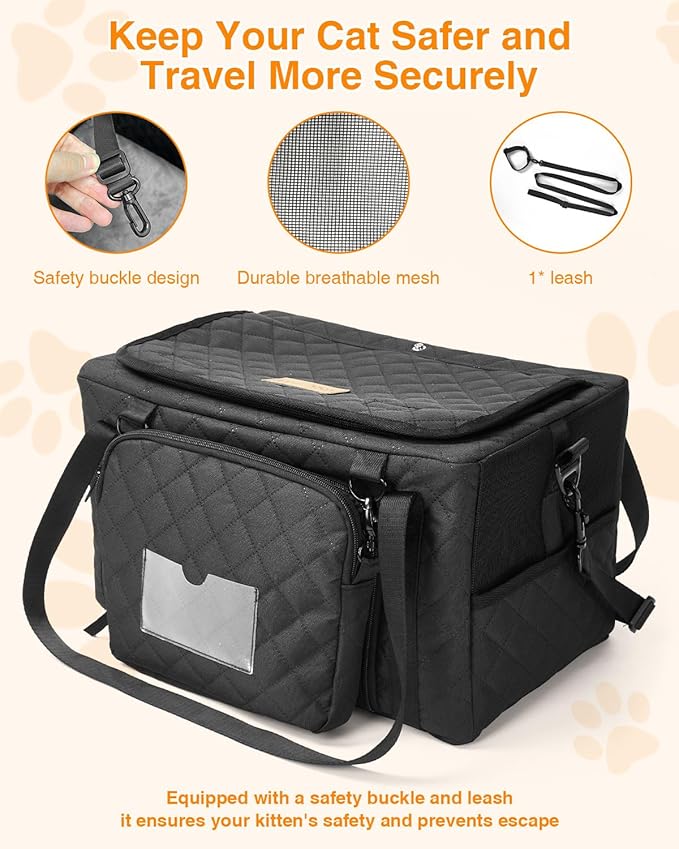 PETUX Small Cat Carrier - Pet Carrier Airline Approved for Kitten Under 10 lb - Escape-Proof, Foldable & Portable Cat Carriers for Travel, Vet Visits with Removable Bag, Safety Buckle ＆ Leash - Black