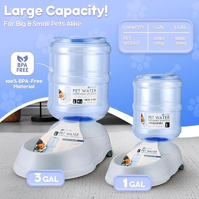 Flexzion Automatic Pet Feeder & Waterer Set of 2 Pack, Self Feeding Replenish Dog Cat Bowls, Gravity Food & Water Storage Container Fountain Jug Pet Supplies Plastic Skid Proof Rubber Feet (1 Gallon)